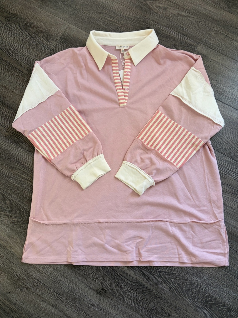 Hayden Pink Polo-Style Long Sleeve Top with White Collar